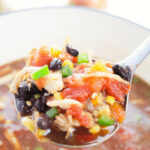 A spoonful of rotisserie chicken tortilla soup including beans, tomatoes and broth.