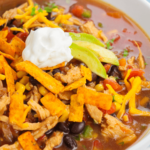 A close up of the rotisserie chicken tortilla soup.