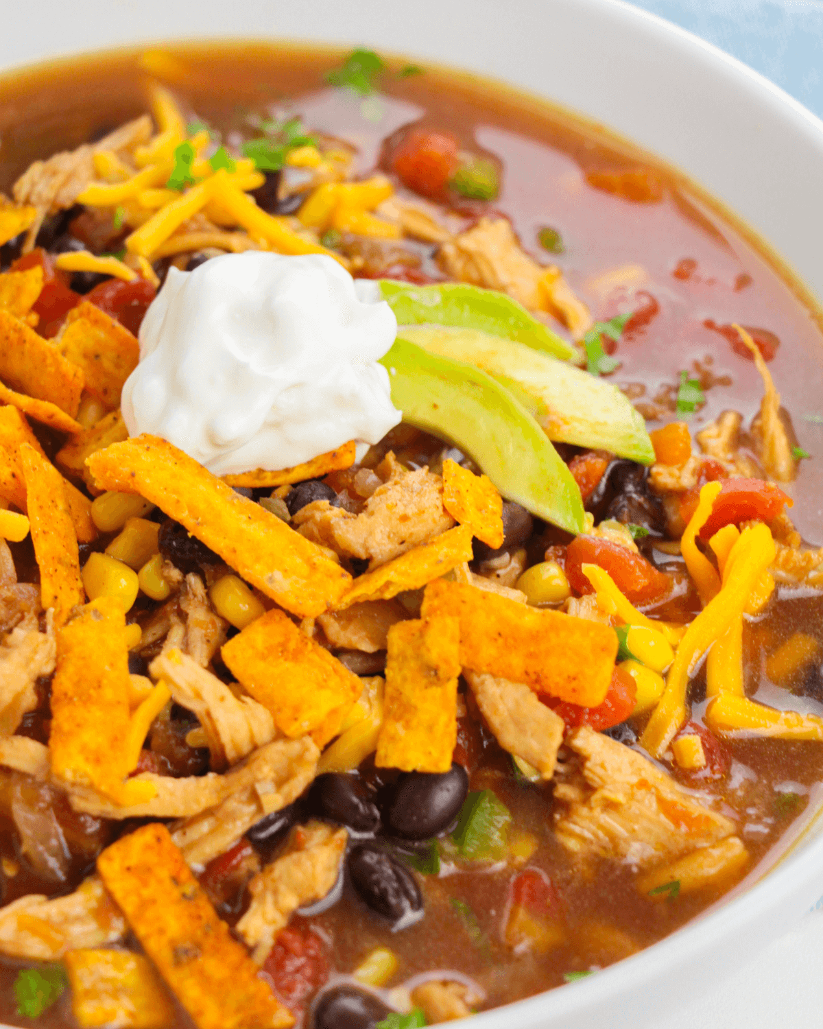 A close up of the rotisserie chicken tortilla soup.