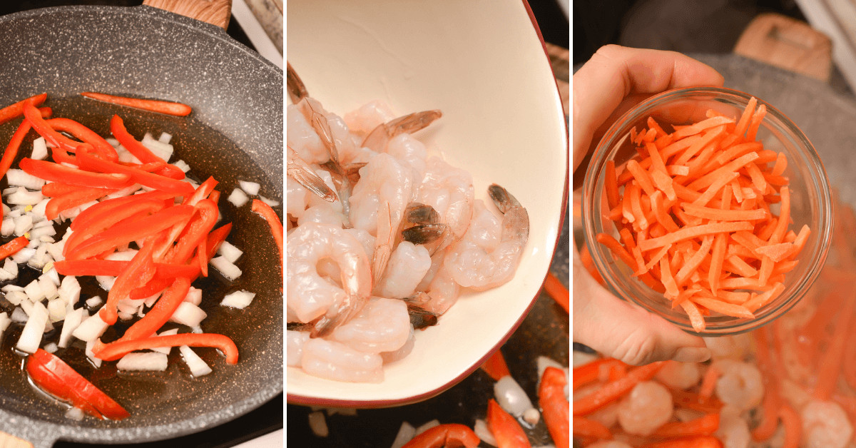 Three images of sauteeing veggies, sauteeing shrimp and carrot slices in a bowl.
