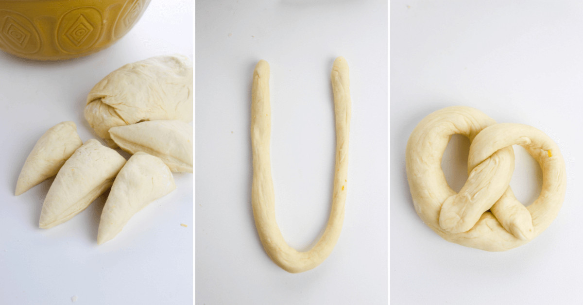 Step by step images of shaping the dough into a pretzel shape.