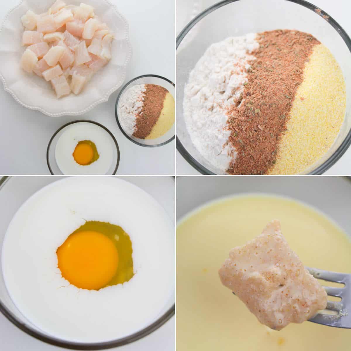 Four images show cubed fish, dry breading ingredients, an egg in milk, and a fish cube coated in batter on a fork—perfect preparation steps for making delicious Air Fryer Catfish Nuggets.