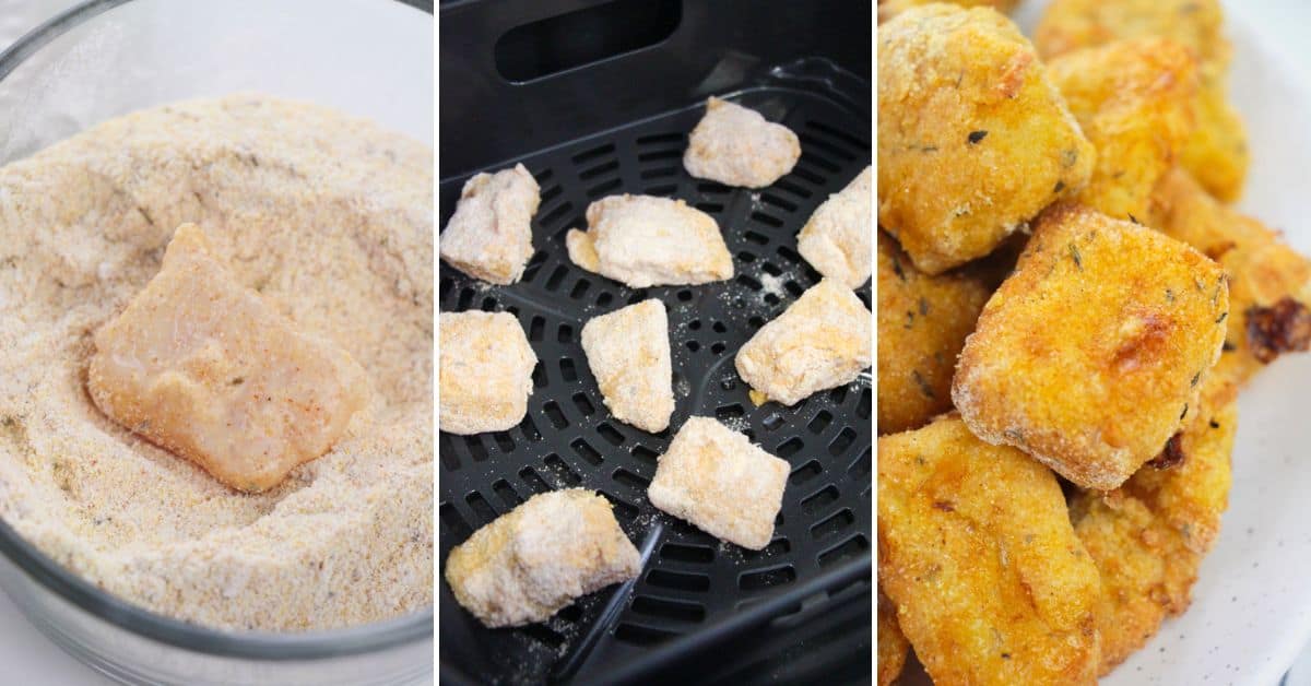 Three steps of cooking breaded Air Fryer Catfish Nuggets: coating catfish nuggets in breadcrumbs, placing them in an air fryer basket, and the finished golden nuggets served on a plate.