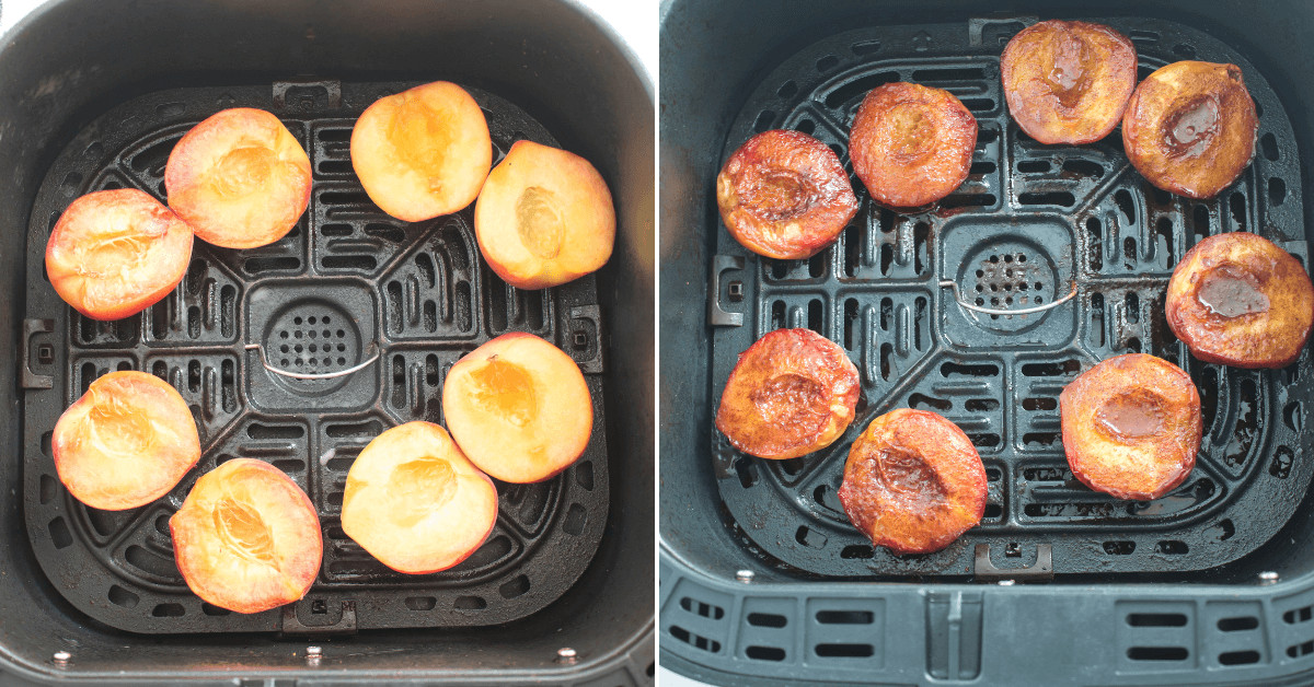 Peaches in the air fryer basket before and after cooking.