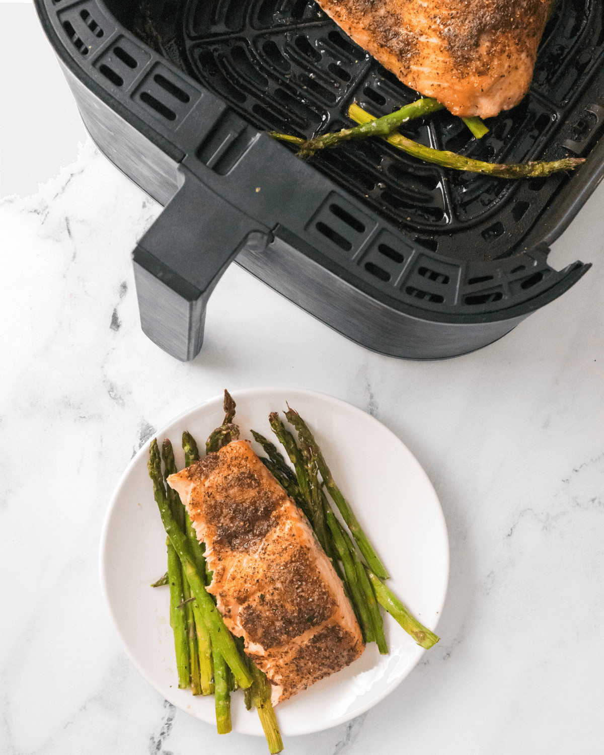 The air fryer salmon and asparagus dish.