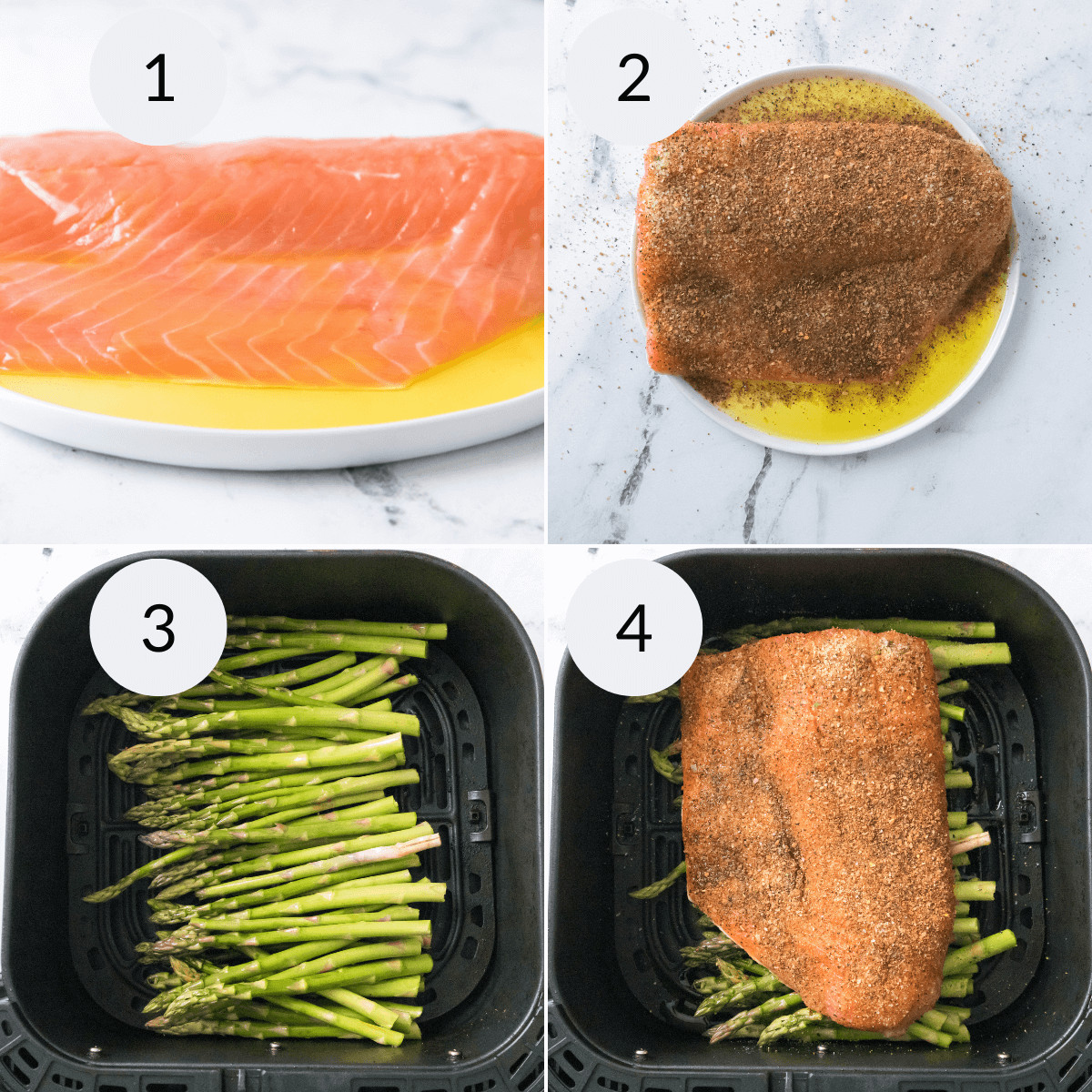 Preparing the salmon and then seasoning. Add the asparagus and place the salmon on top.