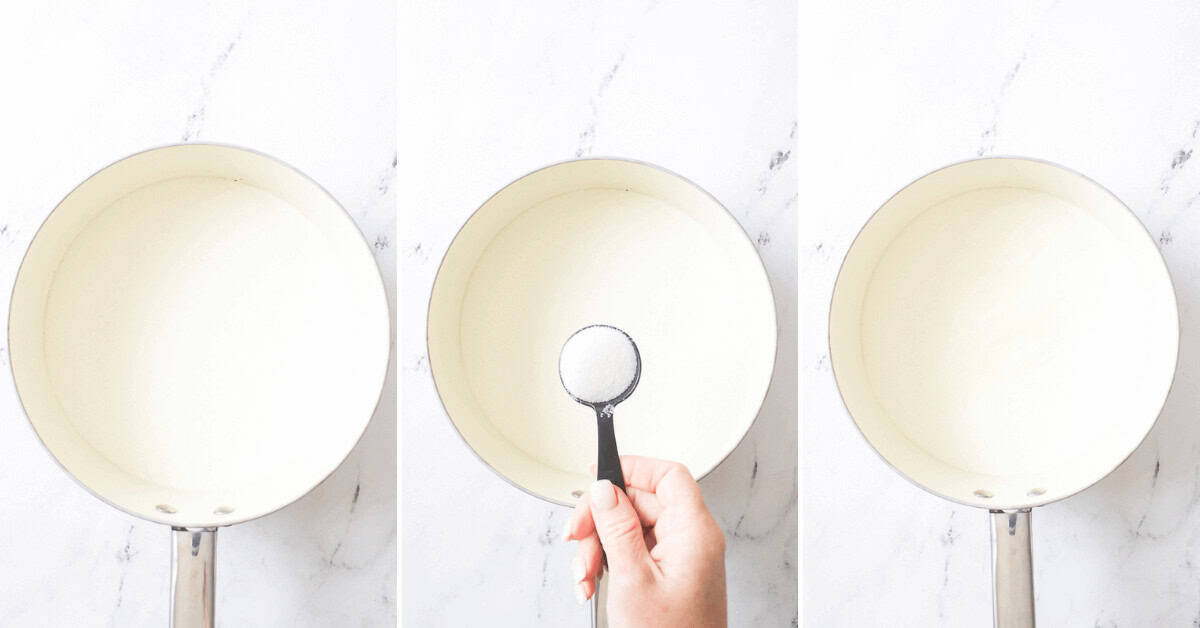 Three-step process of adding sugar to a saucepan filled with heavy cream. First image: saucepan with cream, perfect for berries and cream. Second image: hand holding a teaspoon of sugar over the saucepan. Third image: sugar in the saucepan.