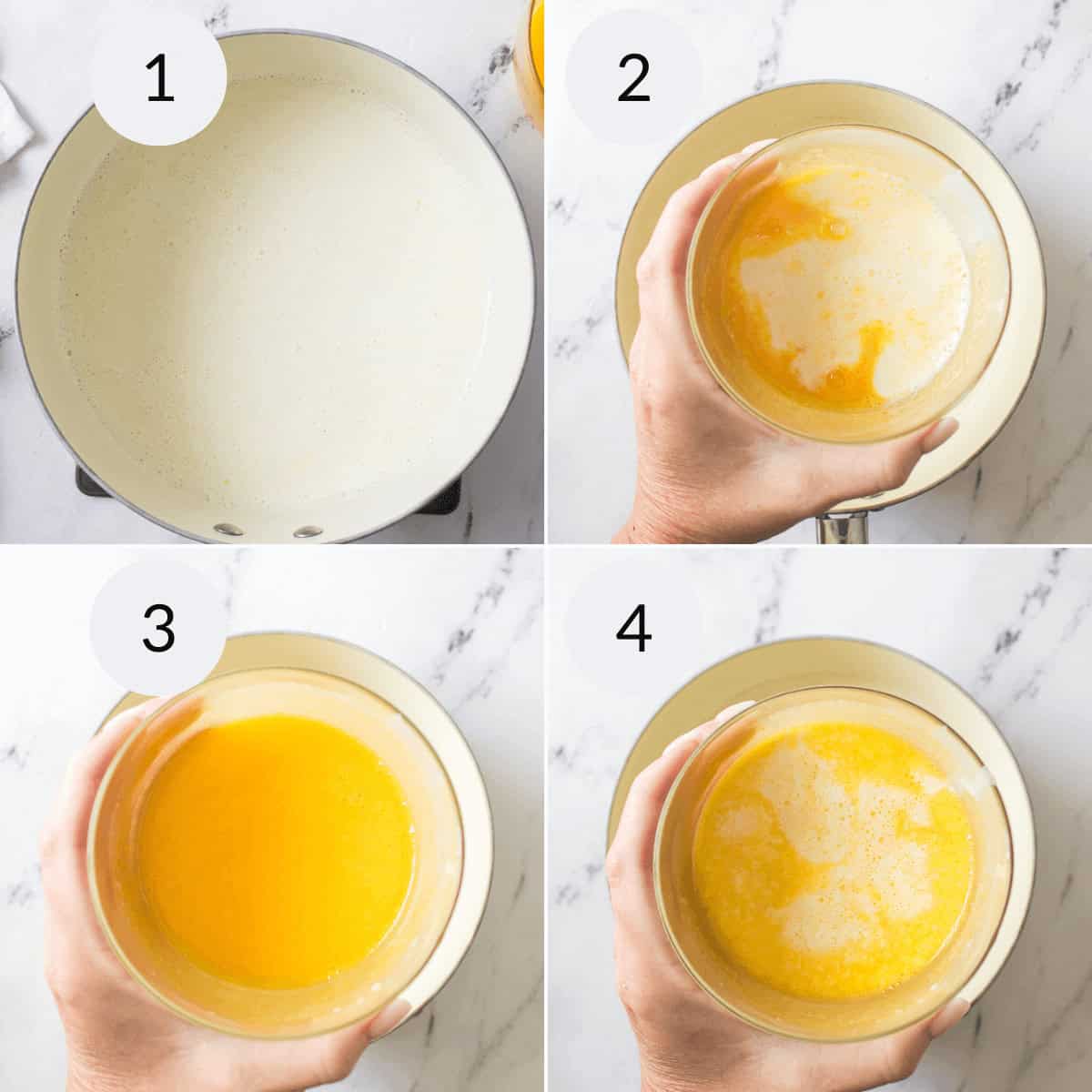 Four-step process shown: 1. Milk heating in a pot. 2. Hand holding a bowl of melted butter and warm water. 3. Hand holding a bowl with combined butter and water. 4. Mixture of milk and butter-water, perfect for creating berries and cream delights!