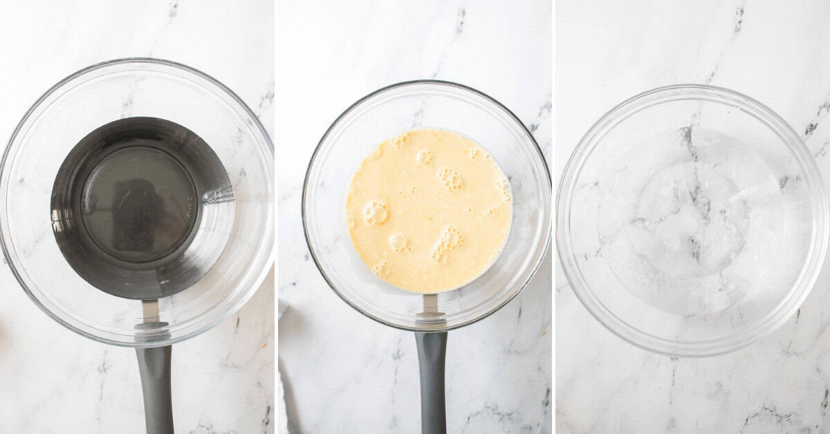 Three bowls from left to right: one with dark liquid, one with batter-like mixture, and one with transparency liquid on a marble surface. The scene evokes the preparation of delicious berries and cream.