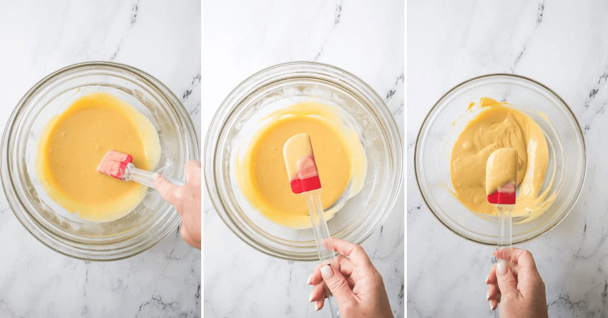 A three-step process of mixing ingredients in a glass bowl using a spatula. The first image shows the initial mixture, the second image shows it partially combined with berries and cream, and the third image shows a smooth, rich batter.