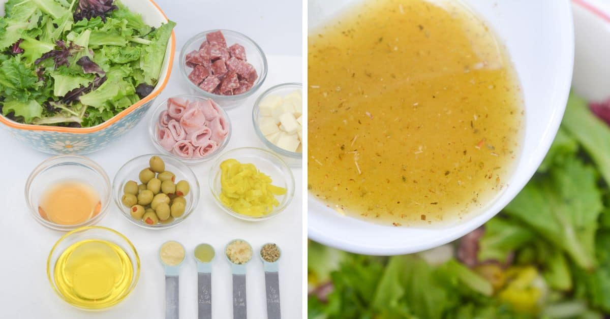 A bowl of mixed salad greens, deli meats, cheese, olives, and seasonings arranged with oil and vinegar evokes a classic Antipasto Misto; next to a close-up of Italian dressing in a white bowl.