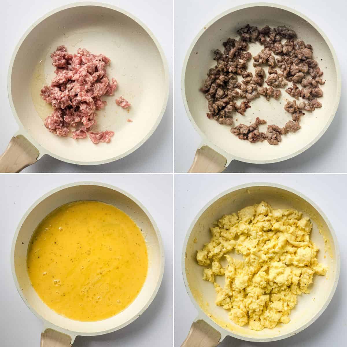 Four images show ground meat being browned in one pan and eggs being whisked and scrambled in another—delicious steps that come together to create a savory Breakfast Crunchwrap.