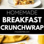 A plate with two halved Breakfast Crunchwraps filled with eggs, sausage, and cheese, next to a glass of orange juice and a yellow napkin.