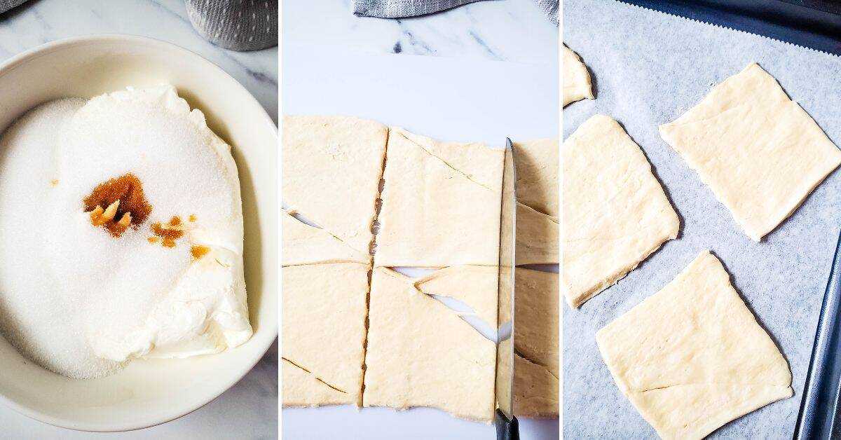 Three-panel image: start  with a bowl of cream cheese, sugar, and vanilla; dough cut into rectangles; dough rectangles arranged on a parchment-lined baking sheet.