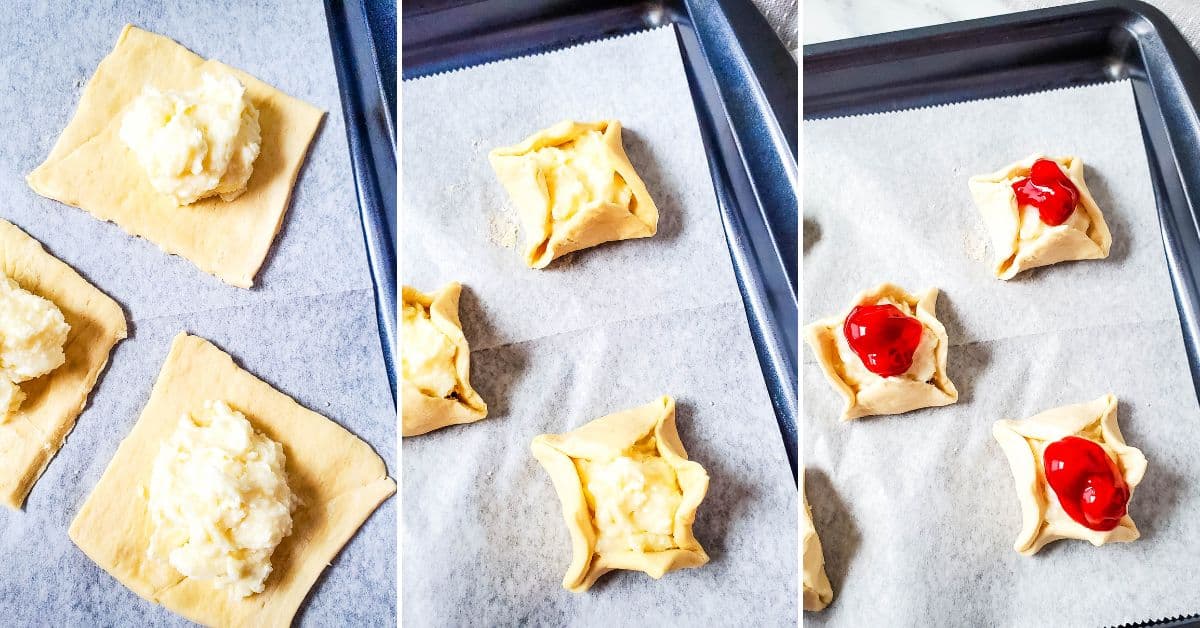 Three-step prepare the dough squares with filling, folded corners, and topped with filling on a parchment-lined baking tray.