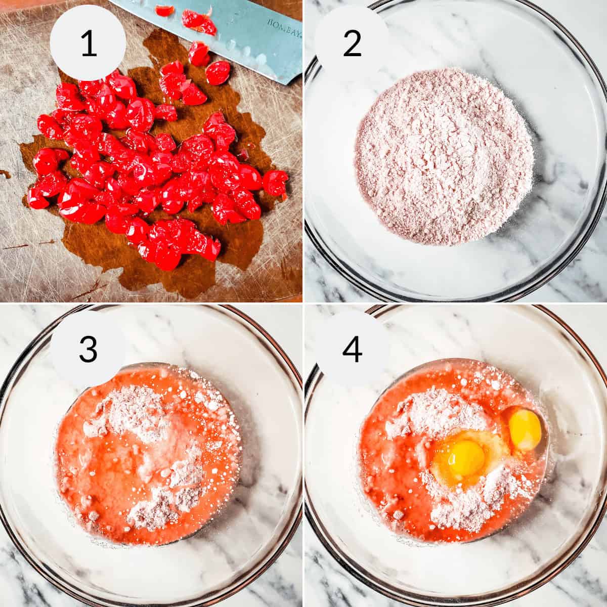 Step-by-step images: 1) Chopped red cherries for Cherry Chip Cookies. 2) Dry pink cake mix in a bowl. 3) Cake mix with liquid ingredients added. 4) Cake mix with two eggs cracked on top.