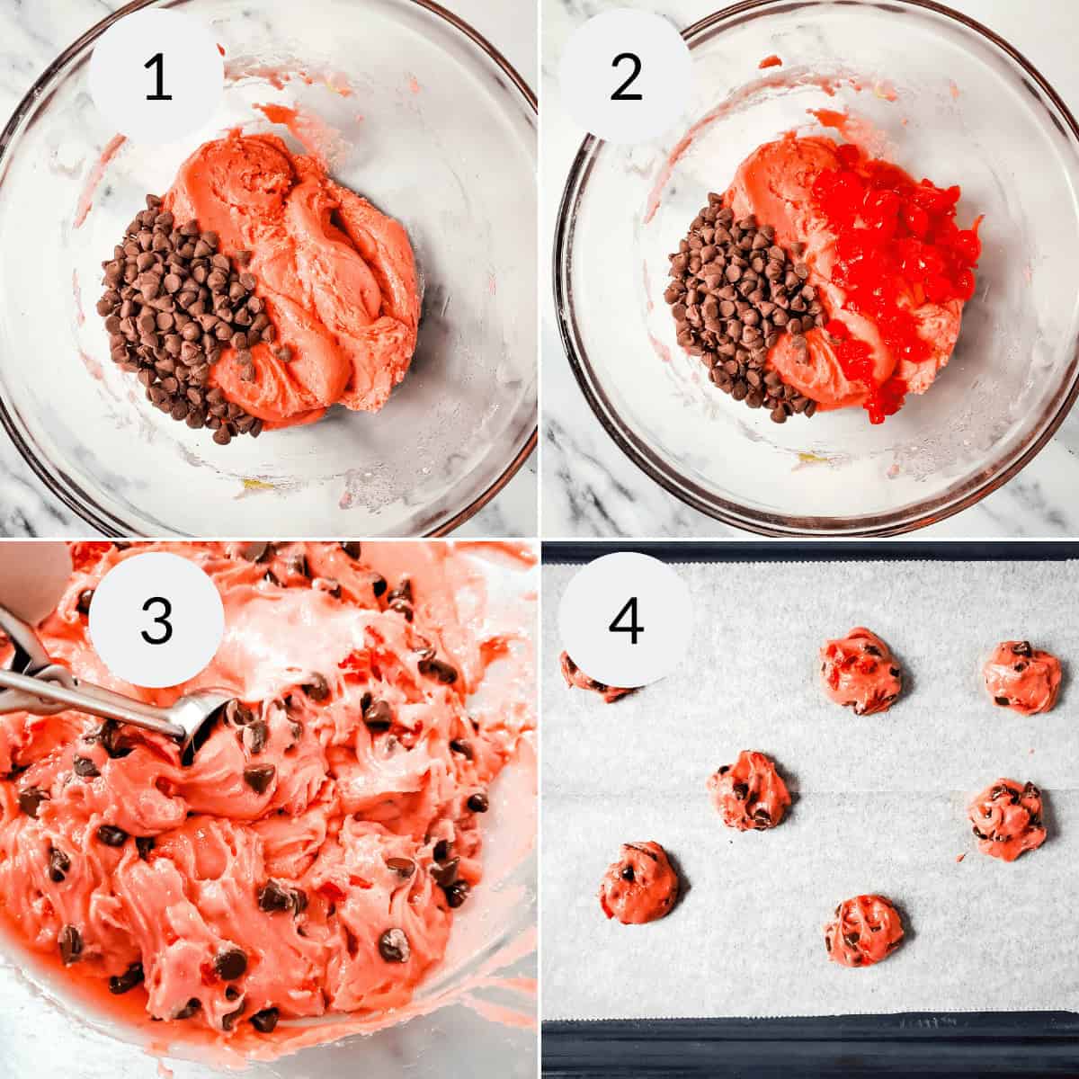 Four-step collage showing Cherry Chip Cookies in the making: cookie dough with chocolate chips and cherries in a glass bowl, then mixed, and scooped onto a baking sheet ready to bake.
