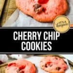 A close-up of Cherry Chip Cookies with pink dough and chocolate chips on parchment paper, one cookie has a bite taken out of it.