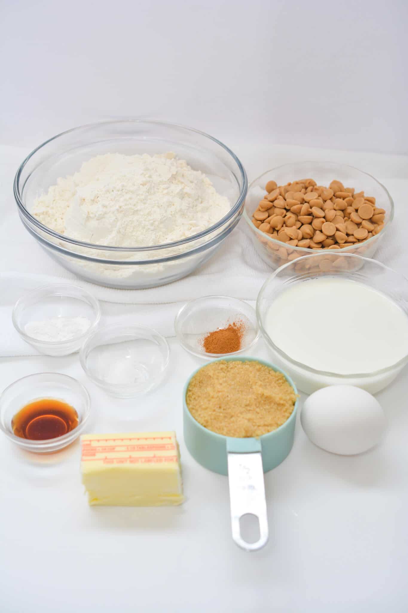 The flour, eggs, sugar, cinnamon chips for the dessert.