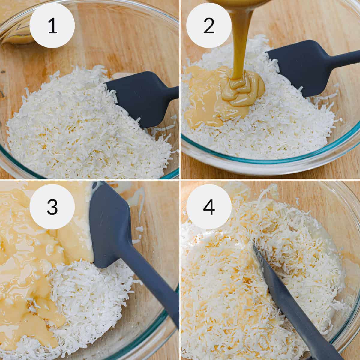 Four-step collage showing shredded coconut in a glass bowl, peanut butter being added, mixture partially combined, and further mixing with a spatula—an easy method for making Almond Macaroons on a wooden surface.
