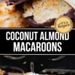 A stack of Almond Macaroons partially dipped in chocolate, with more macaroons arranged on a baking sheet below.