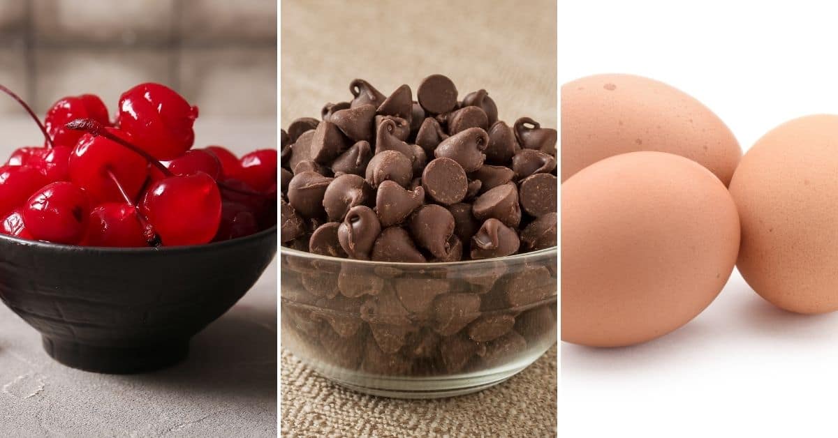 A black bowl of maraschino cherries, a glass bowl of chocolate chips, and three brown eggs are shown side by side.