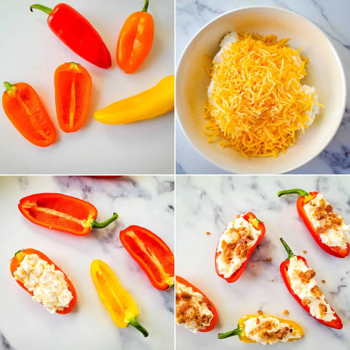Four-step process: Stuffed Mini Peppers are halved, shredded cheese mixed in a bowl, peppers filled with cheesy mixture, then finished with a crumb topping.