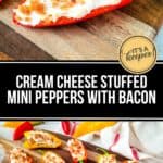 Stuffed Mini Peppers halved and filled with cream cheese, topped with bacon bits, are artfully arranged on a wooden cutting board.