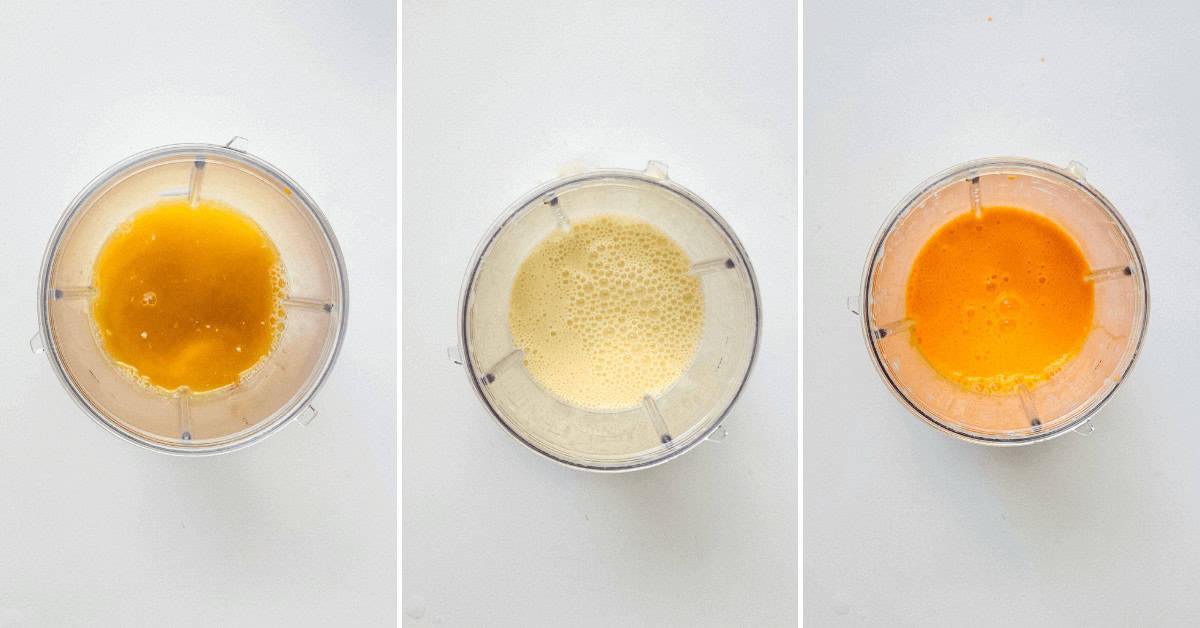 Three overhead shots of a blender with different contents: the first with a dark yellow liquid, the second with a frothy beige mix, and the third with a bright orange blend that hints at delightful Orange Popsicles.