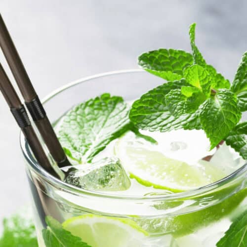 A close-up of a refreshing Cuban Mojito cocktail in a glass with ice, lime slices, mint leaves, and two stainless steel straws against a light background.
