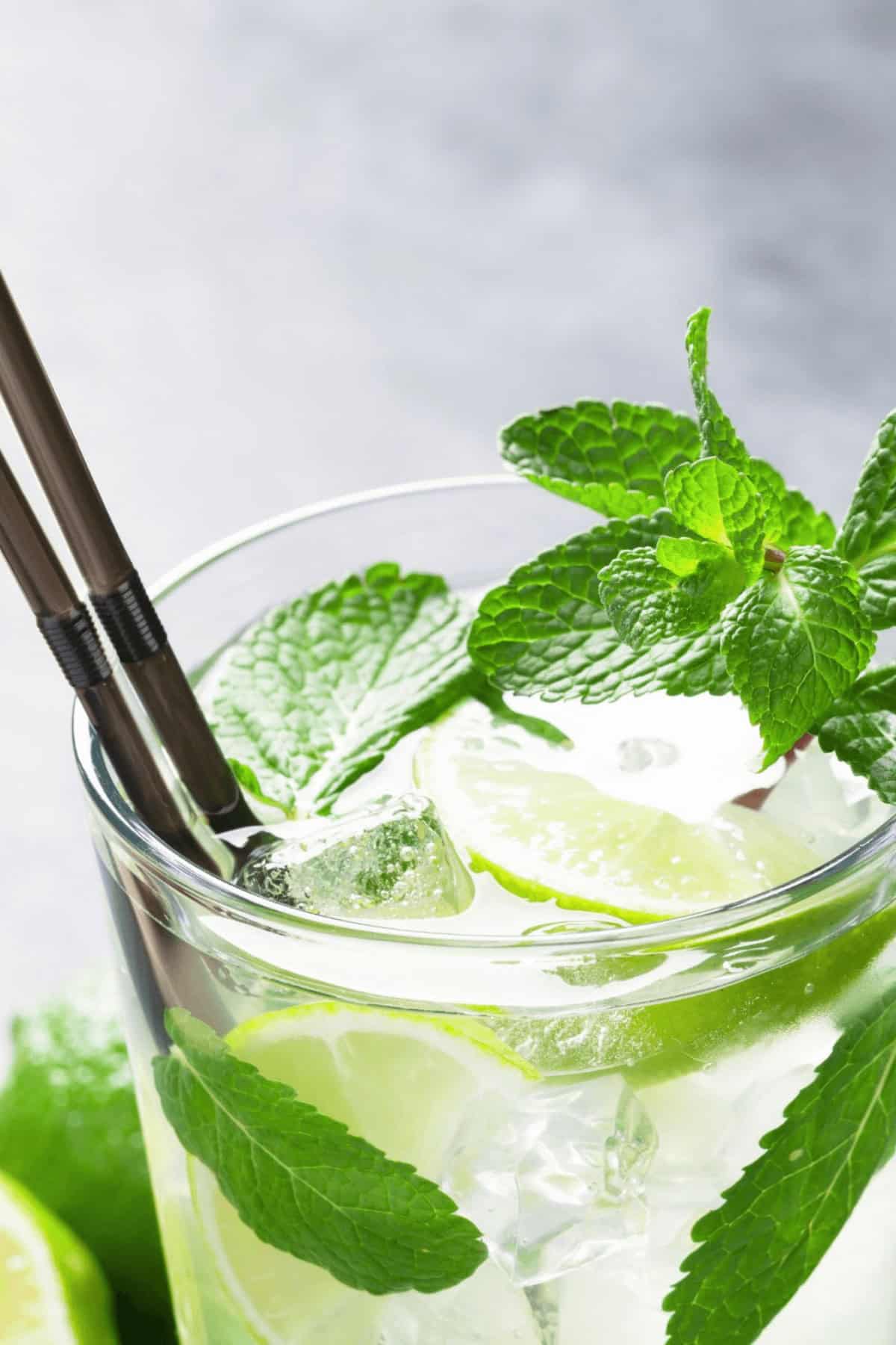 A close-up of a refreshing Cuban Mojito cocktail in a glass with ice, lime slices, mint leaves, and two stainless steel straws against a light background.