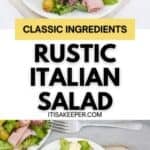 A plate of mixed green salad with ham, cheese, and green olives on a white plate, labeled as "Rustic Italian Salad," inspired by classic Antipasto Misto ingredients.