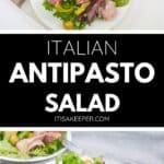 A plate of Antipasto Misto salad with mixed greens, salami, cheese, olives, and tomatoes on a marble surface next to a fork.