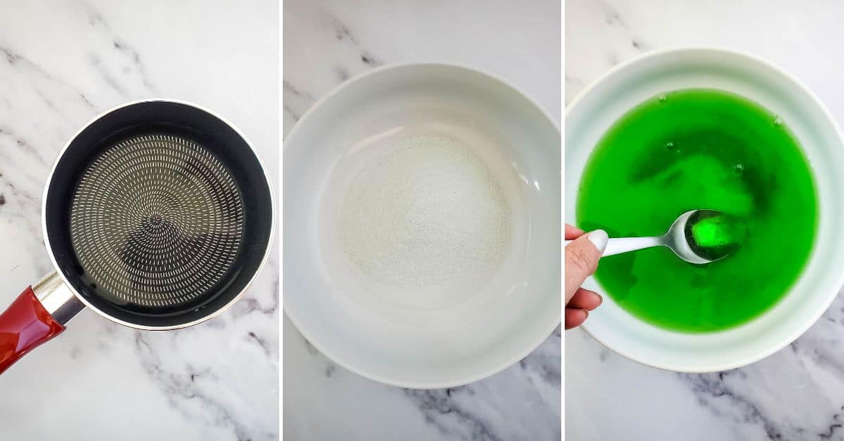 Three panels: an empty saucepan, a bowl of white powder, and a bowl of green liquid with a spoon stirring it—all set atop a white marble surface, illustrating the simple steps in making Green Jello Shots.