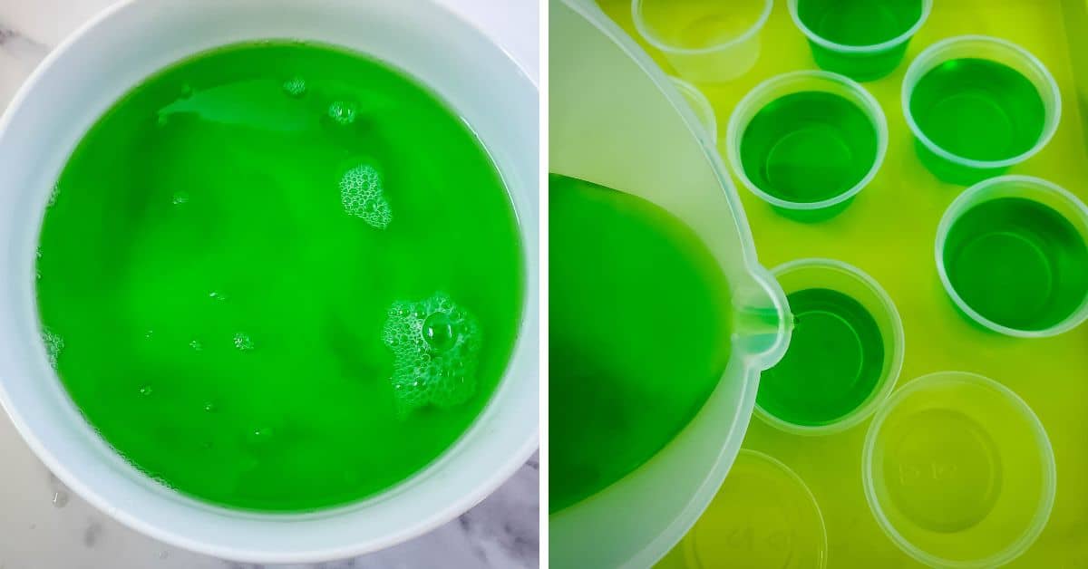 A bowl of green liquid on the left and vibrant Green Jello Shots being poured into small clear cups on the right, all set atop a light surface.