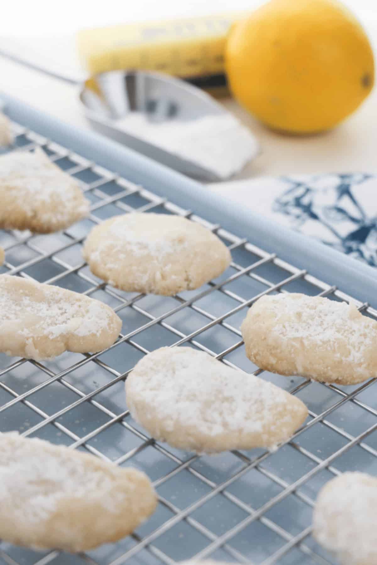 A cooling rack with the dessert displayed and a scoop of flour add charm in the blurred background.
