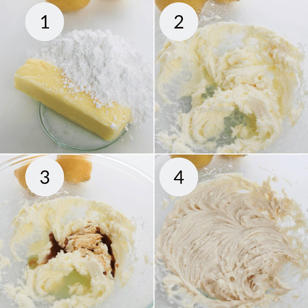 Four-step process of making Lemon Cooler Cookies: 1) Butter and powdered sugar in a bowl, 2) creamed mixture, 3) vanilla added, 4) all ingredients mixed into smooth dough.