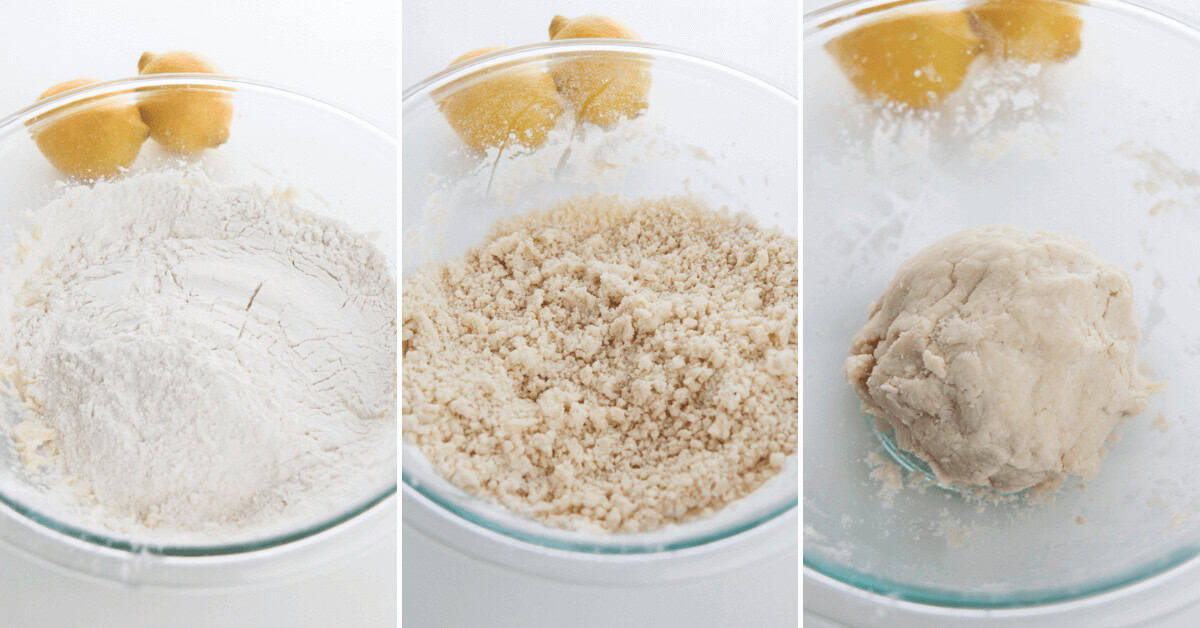 Three-step process of making dough: flour in a bowl, flour mixed with butter to form crumbs, and a ball of dough, with lemons visible in the background.