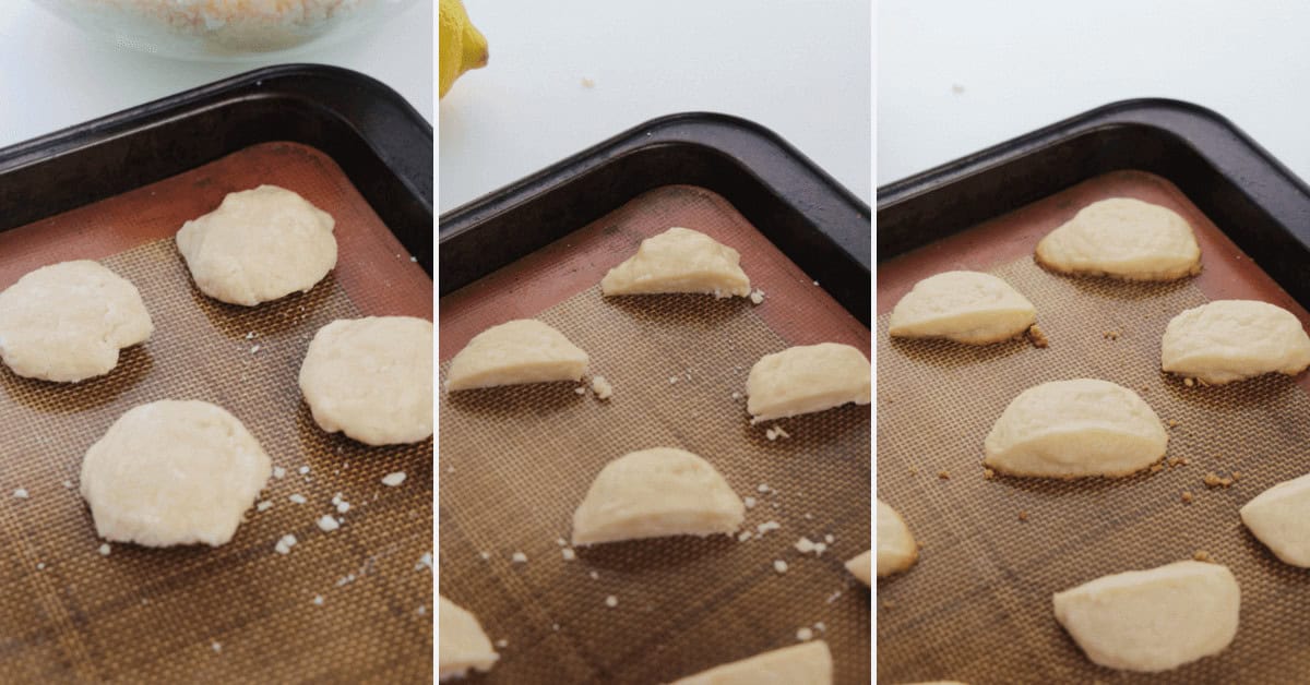 Three-panel image showing Lemon Cooler Cookies dough rounds on a baking tray, then cut in half, and finally separated into evenly spaced half-moon shapes.