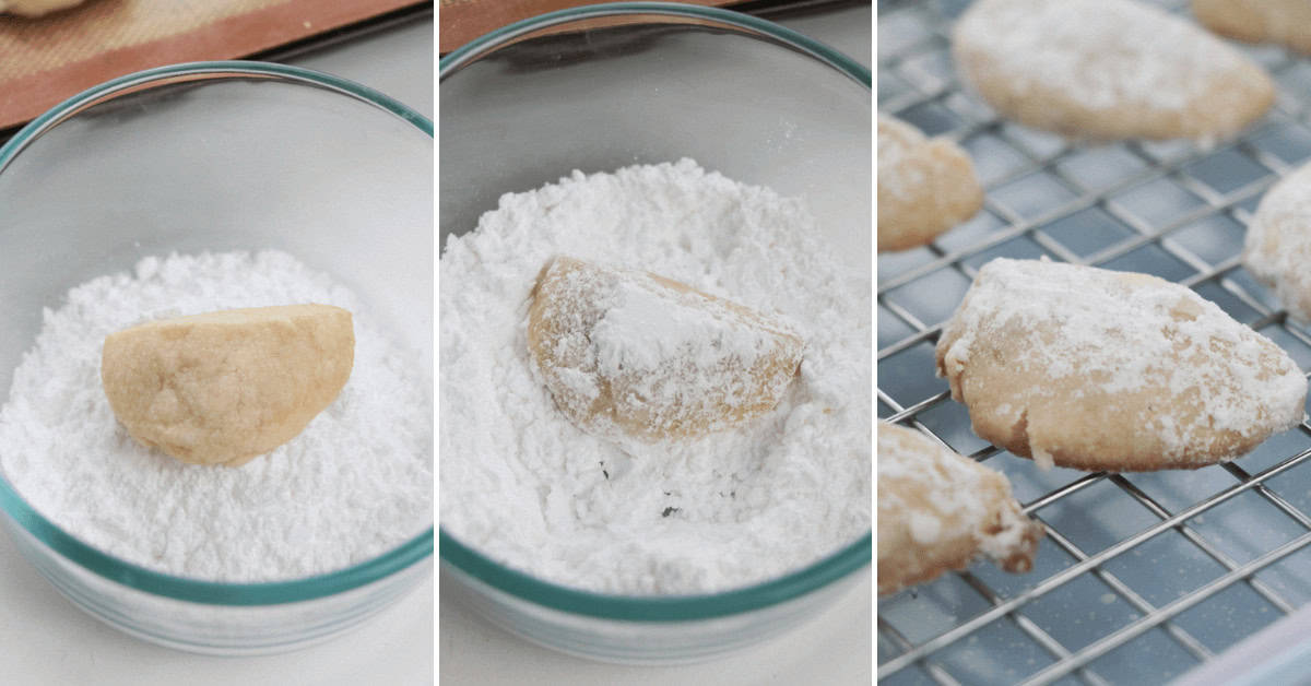 Three-step process for Lemon Cooler Cookies: crescent-shaped cookies are first dipped in powdered sugar, then fully covered, and finally cooled on a wire rack.