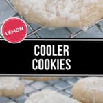 Powdered sugar-coated Lemon Cooler Cookies cooling on a wire rack, with a label reading "Lemon Cooler Cookies.