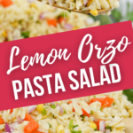 A close look at the lemon orzo pasta salad.