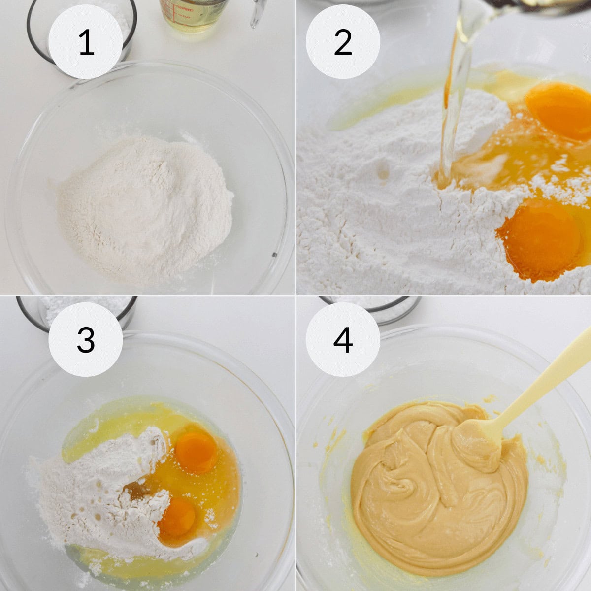 Four-step process for Lemon White Chocolate Cookies: 1) Combine dry ingredients, 2) Add eggs and liquid, 3) Partially mix, 4) Use a spatula to create a smooth batter perfect for cookies.