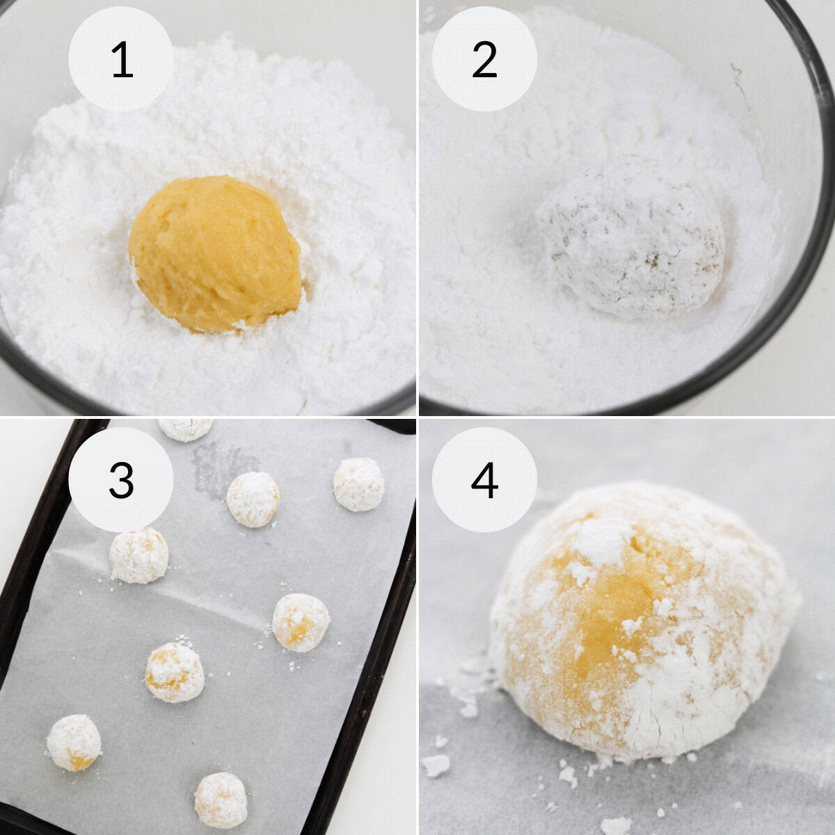 Four steps show Lemon White Chocolate Cookie dough being rolled in powdered sugar, placed on a baking tray, and a close-up of the coated dough before baking.