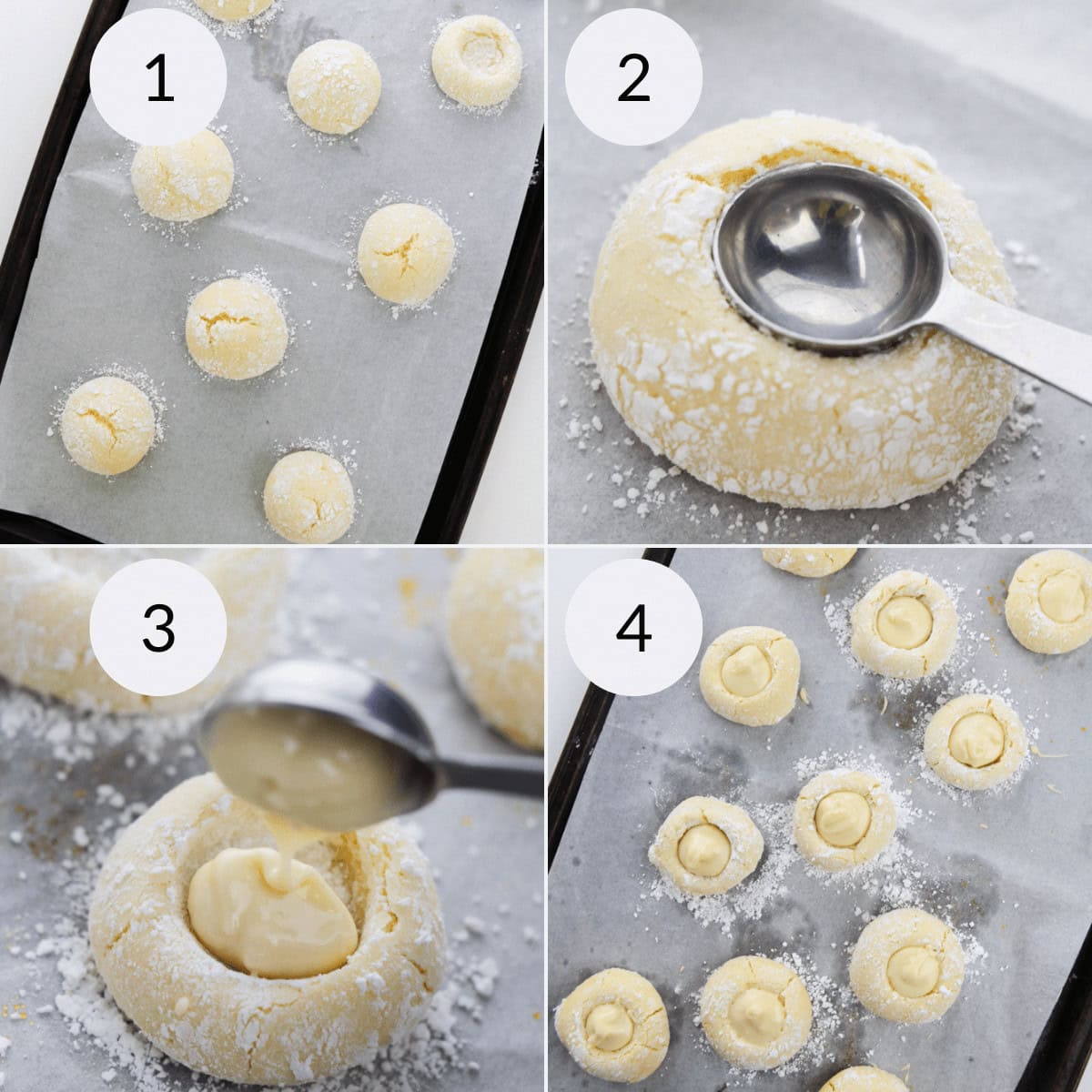 A step-by-step process  showing dough balls on a baking tray, spoon-pressed indents,  filling added, and finished filled dough balls ready to bake.