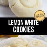 Close-up of Lemon White Chocolate Cookies with a creamy center, arranged on a plate and dusted with powdered sugar. Text overlay reads "Lemon White Cookies.