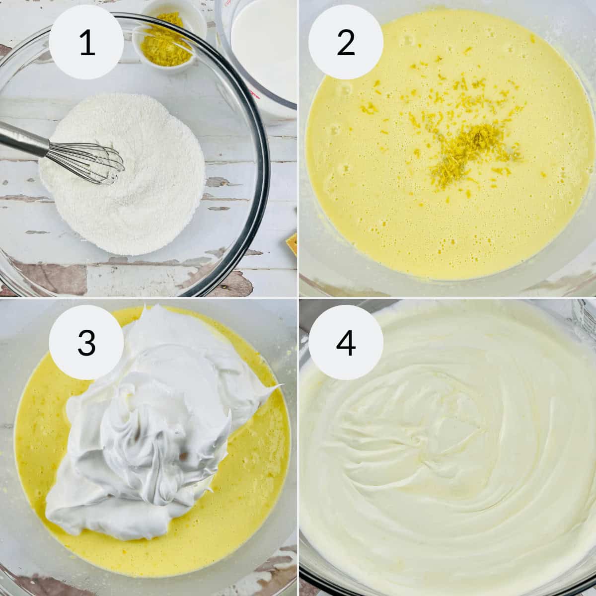 Four-step process of mixing cake ingredients: 1) Whisking dry ingredients, 2) Mixing eggs and lemon zest for a zesty Lemon Icebox Cake, 3) Adding whipped egg whites, 4) Smooth cake batter ready for baking.