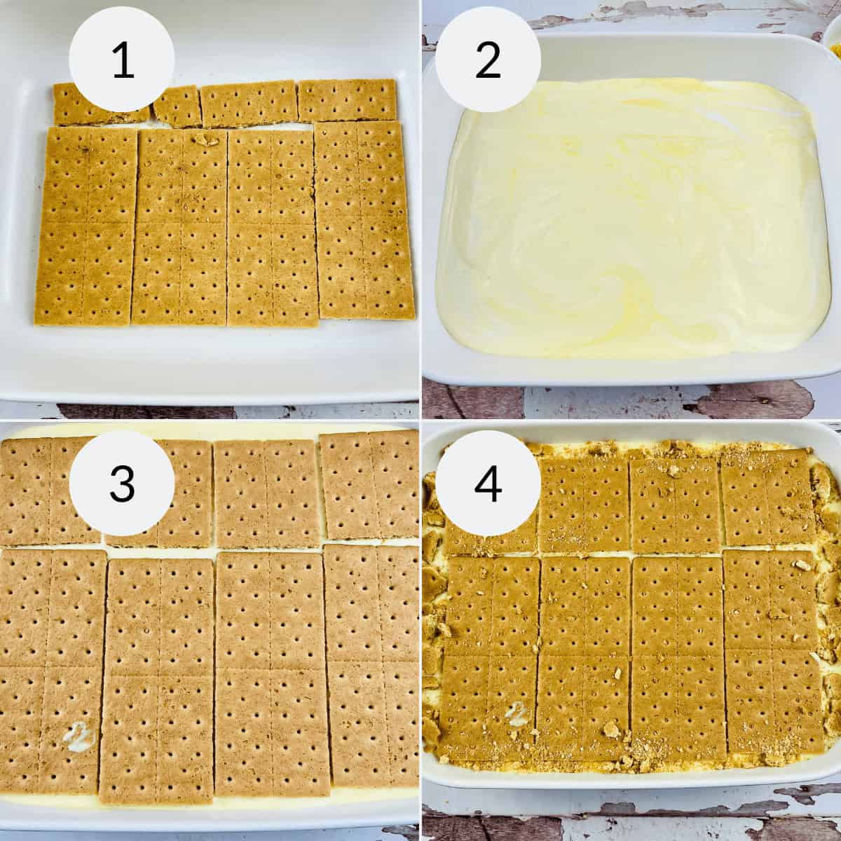 Step-by-step process of layering crackers and cream mixture in a dish to create a refreshing Lemon Icebox Cake. Steps 1 and 3 show cracker layers, while steps 2 and 4 show the added cream mixture.