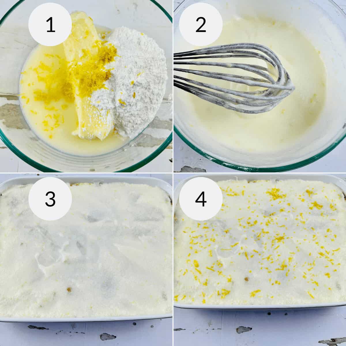 A four-step collage showing stages of Lemon Icebox Cake batter preparation. Step 1: Ingredients in a bowl. Step 2: Ingredients whisked. Step 3: Batter poured into a baking dish. Step 4: Finished batter with lemon zest on top.