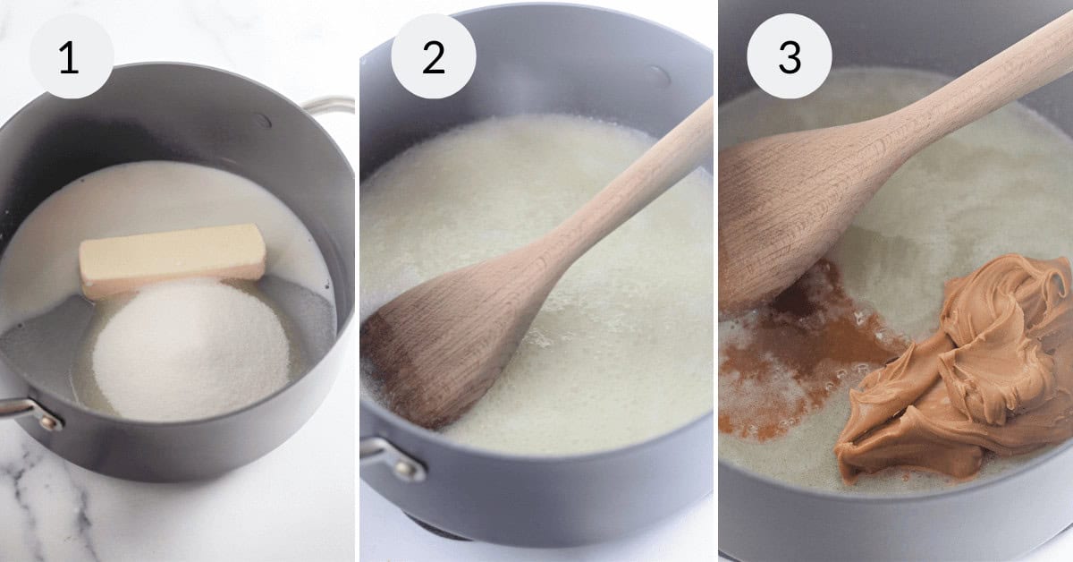 Three-panel image: Step 1 shows butter and sugar in a saucepan; Step 2 shows the mixture being stirred; Step 3 highlights peanut butter being added—essential steps for making No Bake Peanut Butter Oatmeal Cookies.